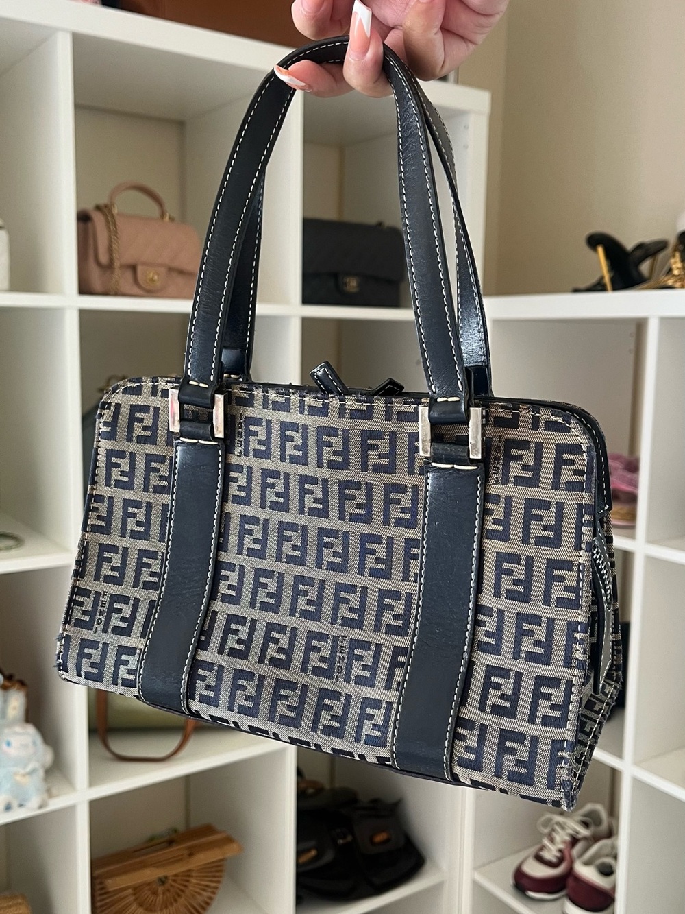 Fendi Navy and Beige FF Monogram Satchel